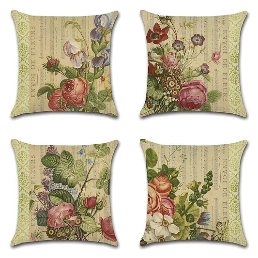 Set of 4 Vintage Floral Pillow Covers for Home Décor
