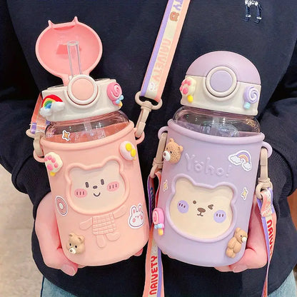Kawaii 620ml Straw Water Bottle with Outdoor Strap